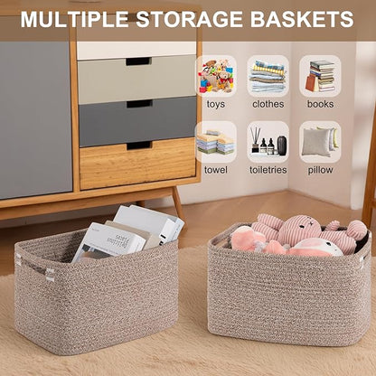 Storage Baskets for Organizing, Woven Decorative Baskets for Shelves - Books, Towels, and Clothes, Cotton Rope Toy Storage Bins, 12.7''Lx9''Wx7.8''H, Pack of 4, Linen Brown