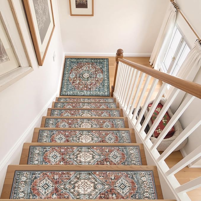 OJIA Non-Slip Stair Treads Matching Mat for Wooden Steps, Square Rubber Backing Anti-Slip Stair Carpet Landing Mat Stair Rugs 31x31 inch Carpet for Stairs, Red