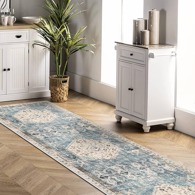 Hallway Washable Runner Rug 2'6x10 - Kitchen Runner Rugs Indoor Non Slip Rugs for Living Room Bedroom Vintage Distressed Mat Stain Resistant Floor Decoration Carpet for Bathroom (2'6''x10', Aqua Blue)