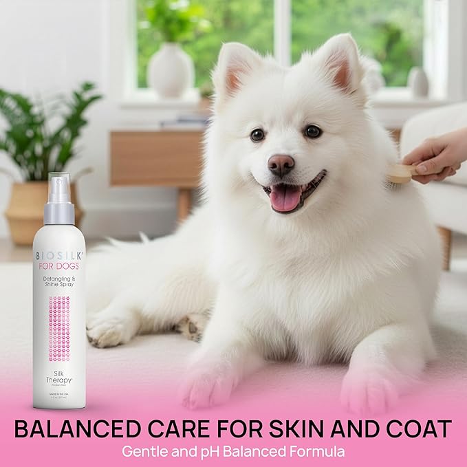 BioSilk for Dogs Detangling Spray with Shine Support, Lightweight Leave In Grooming Mist that Helps Smooth Coats, Detangle, and Add Shine Without Buildup, 8 Fl Oz