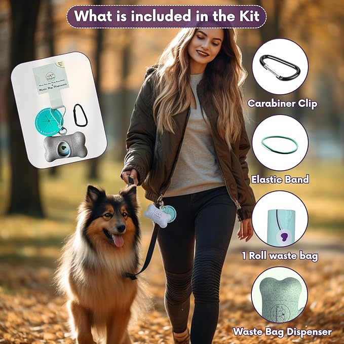 Complete Earth-Conscious Dog Waste Kit: Wheat Straw Waste Bag Dispenser with one corn starch 15-bag waste bag roll, Carabiner, Elastic Band for Secure Leash Attachment, Leak-Proof (Green)