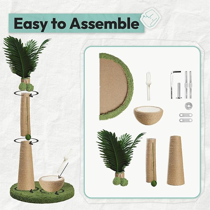 33" Tall Cat Scratching Post, Natural Jute Cat Scratcher for Indoor Cats,Coconut Tree & Straw Design with Hanging Toy Ball & Rest Platform,Stable Furniture Protector for Kittens & Adult Cats,M