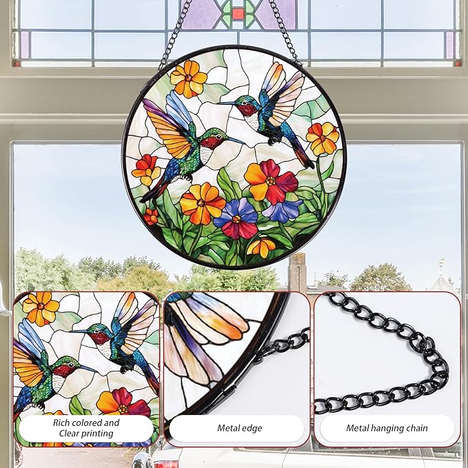 Hummingbird Stained Glass Window Hanging Gifts, 7.8″ Flower Sun Catchers for Indoor Window Decorations, Decorative Suncatchers Home Wall Art Gift for Thanksgiving Christmas Wedding Housewarming