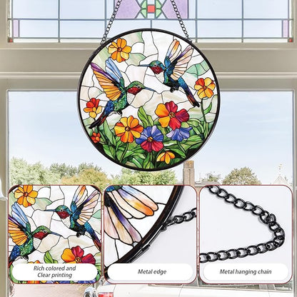 Hummingbird Stained Glass Window Hanging Gifts, 7.8″ Flower Sun Catchers for Indoor Window Decorations, Decorative Suncatchers Home Wall Art Gift for Thanksgiving Christmas Wedding Housewarming