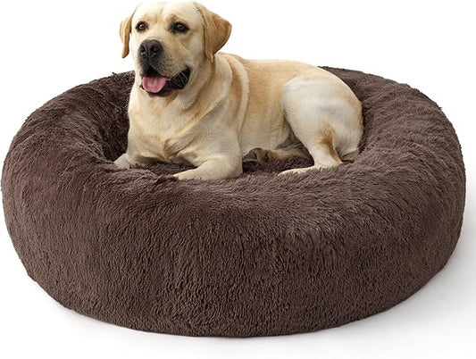 Bedsure Calming Dog Bed for Extra Large Dogs - 45in Donut Washable Large Pet Bed, Anti-Slip ＆Removable Cover,420GSM Round Anti-Anxiety Fluffy Plush Faux Fur, Fits up to 100lbs Pets,Plus Version
