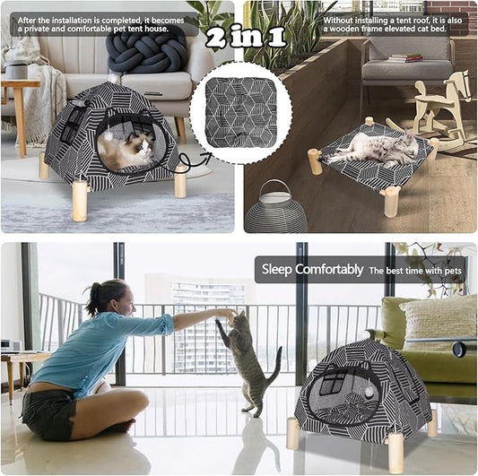 2-in-1 Elevated Cat Tent Cat House, Quick Assembly and Disassembly, Portable Indoor/Outdoor Cute Cat Bed Cave-Black Diamond Pattern