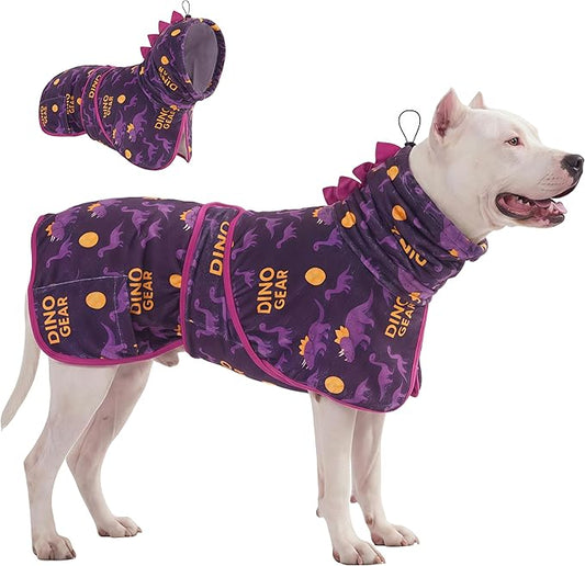 LovinPet 3‑in‑1 Dog Warm Winter Coat & Bathrobe, Hooded Dinosaur Fleece, Lightweight High‑Loft, Absorbent Knit, Quiet Hook‑and‑Loop, Wind‑Blocking Edges, Dog Robes for Medium & Large Dogs, Purple,XL