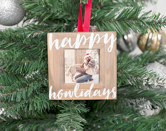 Pearhead Happy Howlidays Wooden Christmas Photo Ornament, Rustic Dog Picture Frame Christmas Tree Keepsake