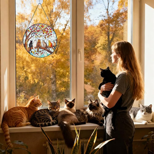 Stained Glass Suncatcher Window Hanging - 6 Cats on a Branch, Cat Lover Gifts for Women Men Mom, Home Decor for Window Door, Christmas Birthday, 7.87x7.87 in