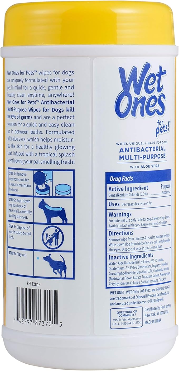 Wet Ones for Pets Multi-Purpose Dog Wipes With Aloe Vera | Dog Wipes For All Dogs in Tropical Splash, Wet Ones Wipes for Paws & All Purpose | 50 Ct Cannister Dog Wipes