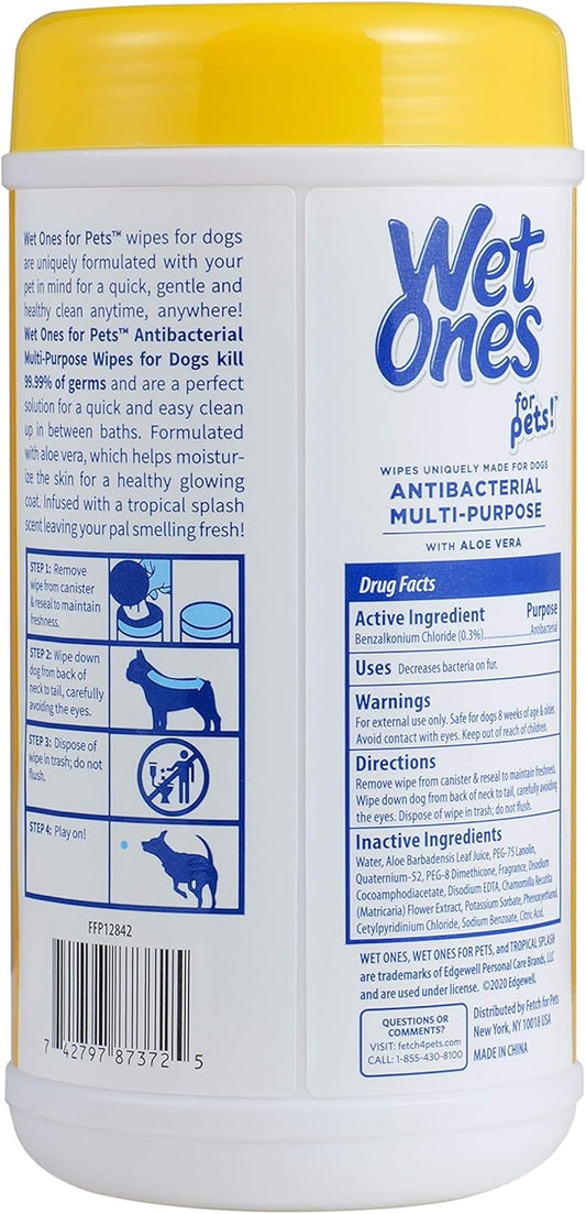 Wet Ones for Pets Multi-Purpose Dog Wipes With Aloe Vera | Dog Wipes For All Dogs in Tropical Splash, Wet Ones Wipes for Paws & All Purpose | 50 Ct Cannister Dog Wipes