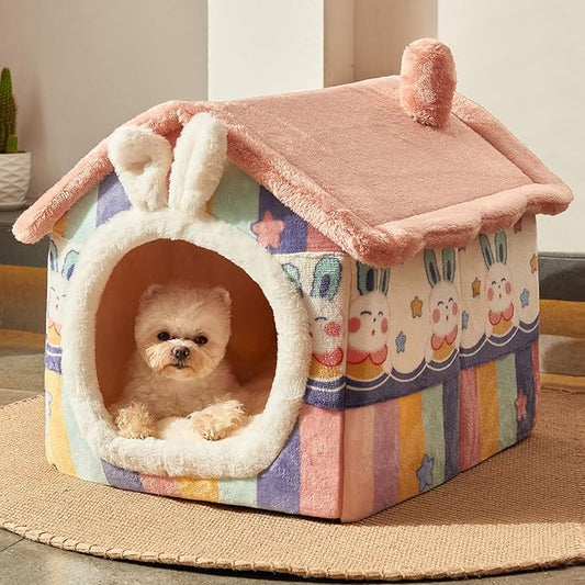 JIUPETY Cute Small Dog House Indoor, Foldable House Kennel Bed Mat with Cushion, L Size Tent for 15-20 lb Dogs and 18-22 lb Cats, Dog Cave Bed with Non-Slip Bottom, Rainbow