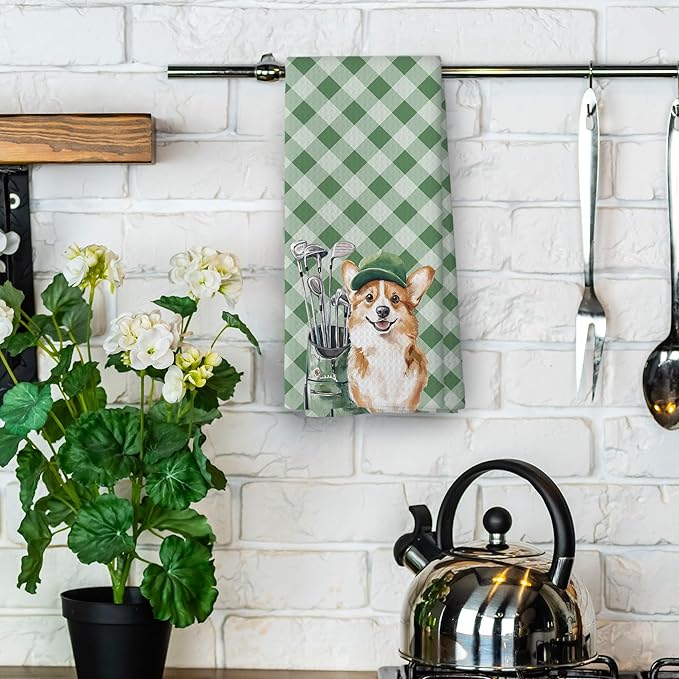 Golf Dog Kitchen Towels - Corgi Dish Towels, Sports Gifts, Pet Golf Club Decorative Absorbent Dishcloths Hand Towels for Kitchen Gym Spa Decor 16x24 Inches