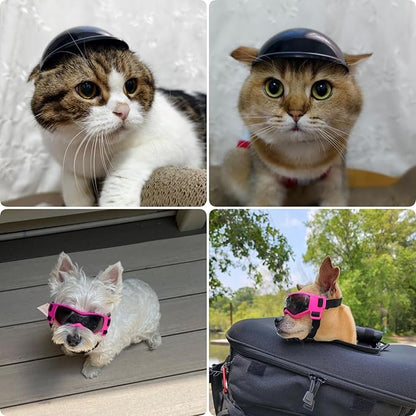 PETLESO Extra Small Dog Helmet and Dog Goggles Set, XS Pet Safety Hat with Ear Holes, Anti-UV Pet Sunglasses, Head & Eyes Protection for Puppy and Adult Cats, Pink