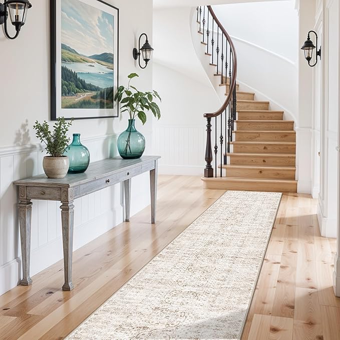 2'6x12 Washable Hallway Runner Rug - Vintage Kitchen Rugs with Non Slip Backing Low Pile Stain Resistant Carpets for Living Room Bedroom Entryway Soft Floor Mat for Laundry 2.6x12 Beige Brown