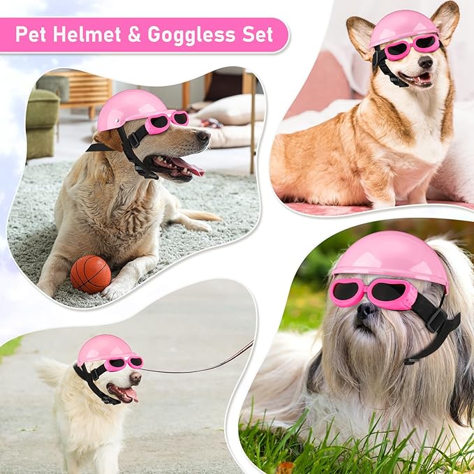 Frienda Dog Helmet and Goggles, UV Protection Doggy Sunglasses and 4 Inch Padded Puppy Motorcycle Helmet Adorable Dog Goggles with Adjustable Belt for Small Dogs Puppy Riding(Pink,L)
