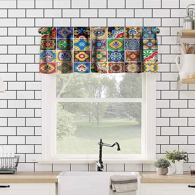 Mexican Style Valances Curtain for Kitchen Cafe, Tiles Print Colorful Flowers Leaves Swirl Pattern Window Treatment Valances Short Curtains Rod Pocket Drape for Dining Room Home Decor, 54x18inch