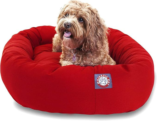 Majestic Pet 32 Inch Bagel Calming Dog Bed Washable – Cozy Soft Round Pet Bed with Spine Support for Dogs to Rest their Head - Fluffy Donut Puppy Bed 32x23x7 (Inch) - Medium – Red