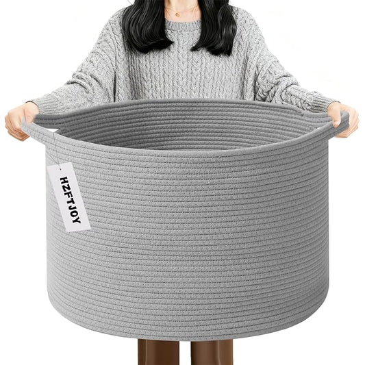 90L Large Blanket Basket,21.7"L x 21.7"W x 13.8"H Rope Woven Baskets with Handles, Toys Storage Bins,Laundry Basket Perfect for Living Room, Nursery,Bedroom,Home Organization,Light Gry