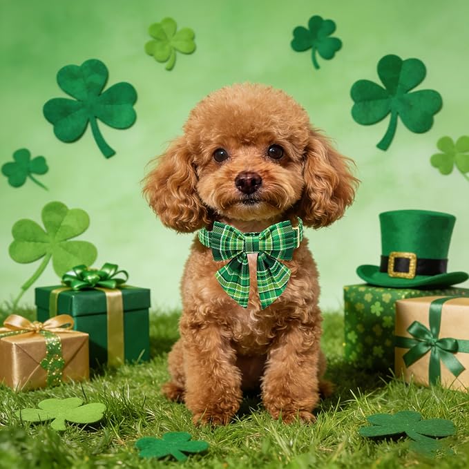 Maca Bates Irish Plaid Dog Collar with Sailor Bow Tie,Shamrock Green Gingham Pattern for Small Girl Boy Dogs,Adjustable Durable Soft Collars Gift for Male Female Puppy