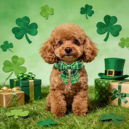 Maca Bates Irish Plaid Dog Collar with Sailor Bow Tie,Shamrock Green Gingham Pattern for Small Girl Boy Dogs,Adjustable Durable Soft Collars Gift for Male Female Puppy