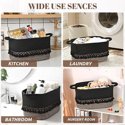 2 Pack Storage Basket for Shelves, Boho Cotton Rope Storage Bins with Heavy Tassel, Shelf Baskets Large Woven Baskets for Organizing, Cube Organizer Bins, Baby Laundry Basket for Clothes, Toys, Pets