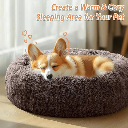 JOLLYVOGUE Calming Dog Beds Large Sized Dog, 36in Donut Washable Large Pet Bed, Anti-Slip & Anti-Anxiety Fluffy Faux Fur Round Dogs Bed, Fits up to 80 lbs Pets （Chocolate）