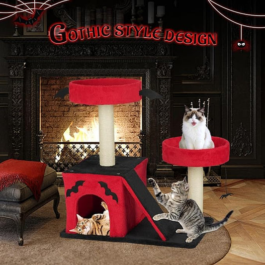 VINGLI 27.6in Gothic Cat Tree with Spacious Cat Condo & 2 Padded Perches, Red & Black Cat Tower with Scratching Ladder, Sisal Posts & Spider Toy for Large Cats