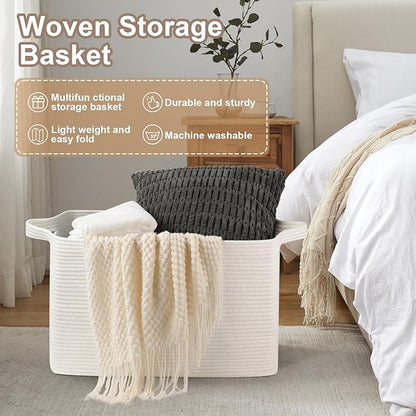 95L Extra Large Blanket Basket, 24" x 16.9" x 14.2" Woven Storage Basket for Living Room, Rectangle Nursery Blanket Storage for Toys, Towels, Dirty Clothes (White)