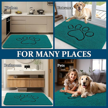 OLANLY Dog Door Mat for Muddy Paws 48x30, Paw Print Design, Absorbs Moisture and Dirt, Absorbent Non-Slip Washable Doormat, Quick Dry Chenille Mud Mat for Dogs, Entry Indoor Entryway Carpet, Lake Blue