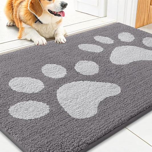 Smiry Dog Door Mat for Muddy Paws, Absorbs Moisture and Dirt, Low-Profile Entryway Mat with Non-Slip Backing, Entry Indoor Outdoor Doormat for Inside Floor (30x20 Inches, Light Grey, Paw)