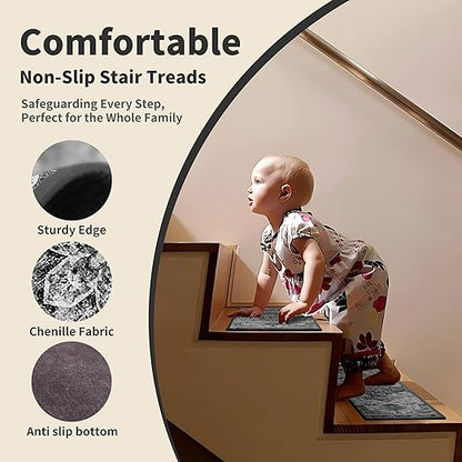 Non-Slip Carpet Stair Treads 4PCS, 8"x30" Peel and Stick Stair Runner for Wooden Steps Indoor, Washable Reusable Adhesive Backing, Pet-Friendly Safety Mats for Kids, Elders, Dogs