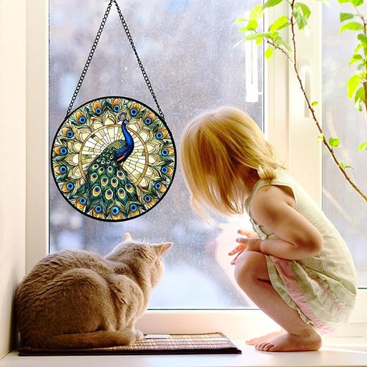 Stained Glass Window Hanging - Retro Peacock Decoration Suncatcher for Door Garden Home Bird Feather Sun Catchers Christmas Mother's Day Birthday Gifts for Women Men Mom Nana Friend 9.8 in
