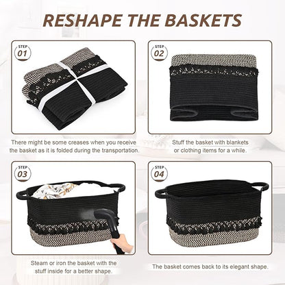 2 Pack Storage Basket for Shelves, Boho Cotton Rope Storage Bins with Heavy Tassel, Shelf Baskets Large Woven Baskets for Organizing, Cube Organizer Bins, Baby Laundry Basket for Clothes, Toys, Pets