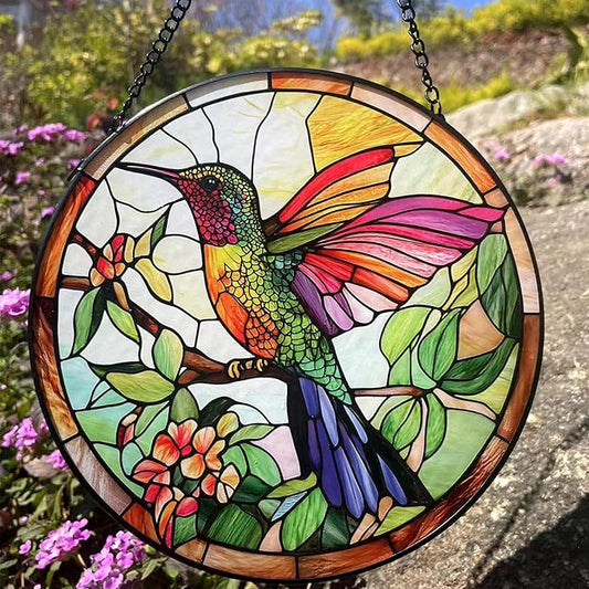 Stained Glass Hummingbird Suncatcher, Colorful Bird Suncatcher Glass Panel for Window Hanging, Unique Gift for Bird Lovers, Women, Mom, Grandma, 7.8 Inch