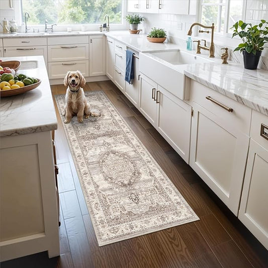 2x6 Non-Slip Runner for Hardwood Floors: Washable Short Hallway Kitchen Rug Vintage Soft Floor Mat for Living Room Bedroom Accent Farmhouse Carpet for College Dorm Stain Resistant Area Rug(Beige,2x6)