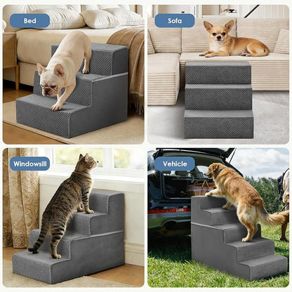 DUMOS Dog Stairs for Small Medium Dogs, 4-Steps Wider Non-Slip Balanced Indoor Foldable Dog Steps with Density Foam & Washable Cover, Cat Puppy Old Pet Stairs for High Bed, Couch, Sofa - Grey, 23" H
