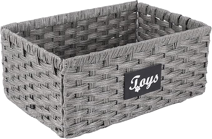 Geyecete dog toy basket Foldable Pet Toy Storage Box, Gray square Seagrass & Iron Wire Design for Organized pet toy bin basket Wicker dog toy box