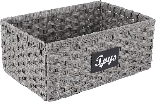 Geyecete dog toy basket Foldable Pet Toy Storage Box, Gray square Seagrass & Iron Wire Design for Organized pet toy bin basket Wicker dog toy box