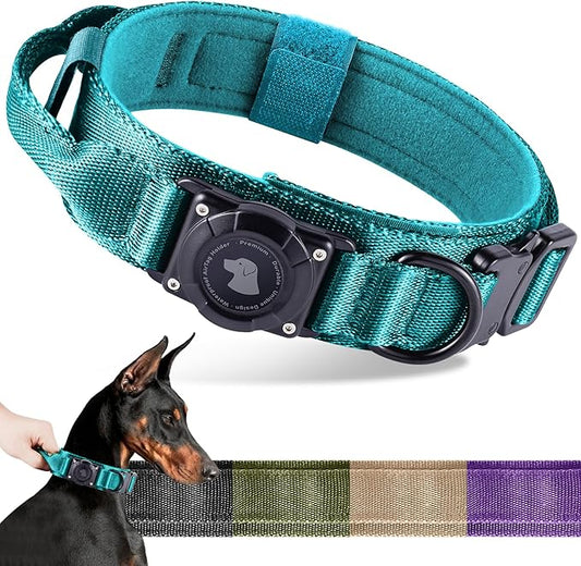 2026 Upgrade Waterproof AirTag Dog Collar, Military Tactical Dog Collar with AirTag Holder, Comfortable Control Handle and Metal Buckle, GPS Dog Collar Holder for Medium to Large Dogs (Blue,L)