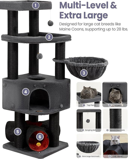 Cat Tree Tower for Large Cats Adult - 60 Inch XXL Sturdy Heavy Duty Extra Wide Scratching Posts (φ4.4in) Condo - Indoor Big Cat House Hammock Perch - XL Wood Multi Level Feline Pet Bed Trees Houses