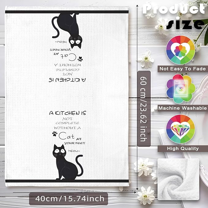 Cat Kitchen Towels - Quick-Dry 'Essential Kitchen Companion' Hand Cloth, Decorative Hand Towel Featuring Upward-Looking Black Feline Art for Pet Moms & Devotees | Home Accent & Crazy Cat Lady Gifts