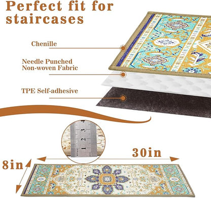 15Pcs Stair Treads for Wooden Steps Indoor with Self Adhesive, 8"x30" Non Slip Stair Treads Stair Carpet Runner, Resistant Indoor Runner for Kids、Elders and Pets,Blue and Gold Pattern