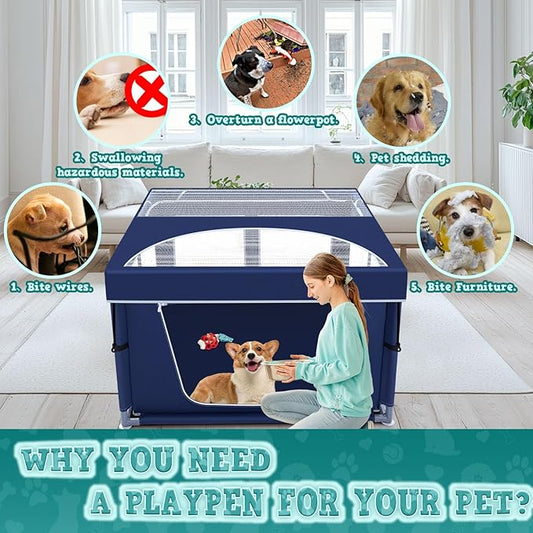 42x42 Inch Puppy Playpen with Cover, Dog Playpen for Puppies or Small Dogs, Pet Fence for Indoor & Outdoor, Sturdy Safety DogPen with Thickened Fabric, High-Strength Nylon Wire Mesh, Blue