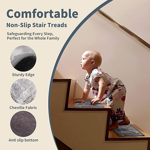 Non-Slip Carpet Stair Treads 15PCS, 8"x30" Peel and Stick Stair Runner for Wooden Steps Indoor, Washable Reusable Adhesive Backing, Pet-Friendly Safety Mats for Kids, Elders, Dogs