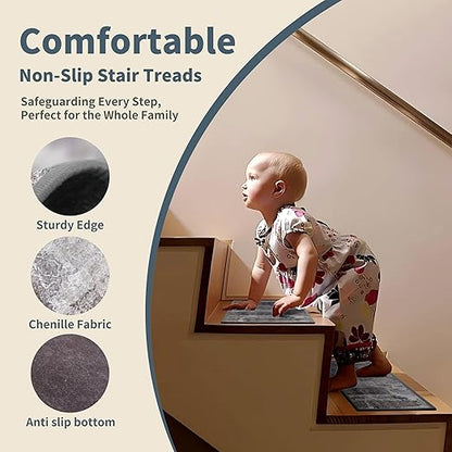 Non-Slip Carpet Stair Treads 15PCS, 8"x30" Peel and Stick Stair Runner for Wooden Steps Indoor, Washable Reusable Adhesive Backing, Pet-Friendly Safety Mats for Kids, Elders, Dogs