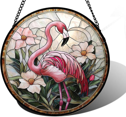 Stained Glass Window Hanging, Flamingo Flower Sun Catchers Diamond Glass Panel Hangings Pink Suncatcher Decor for Birthday for Women, Men, Wife, Aunt, and Mom 6.3 in
