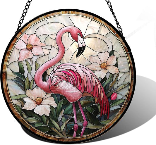 Stained Glass Window Hanging, Flamingo Flower Sun Catchers Diamond Glass Panel Hangings Pink Suncatcher Decor for Birthday for Women, Men, Wife, Aunt, and Mom 6.3 in