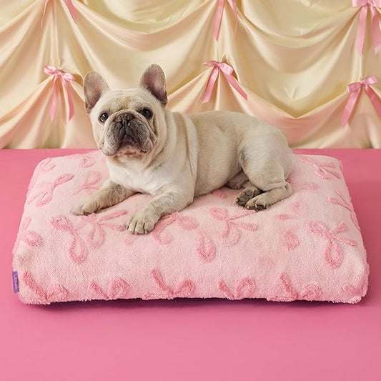 LE SURE Dog Beds Medium Size-Thick Shredded Chopped Foam Pet Bed as Gift for Indoor with Removable Cover, Cute Modern Fuzzy Plush & Anti Slip Bottom, Bow Pink