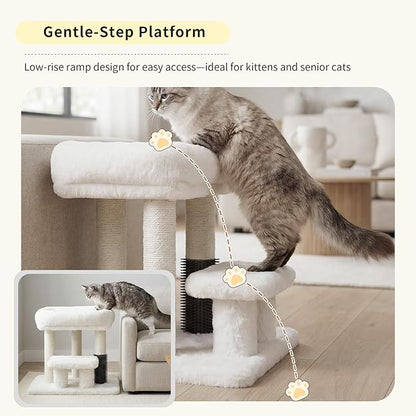 Heybly Cat Scratching Post, Small Cat Tree Tower with 3 Full Sisal Posts, Removable Plush Bed, Grooming Brush, Stable & Space-Saving Cat Furniture with Gentle Step for Indoor Cats, White HSP001SWH